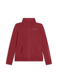 Veste zippée rouge en matériau doux, avec un col montant, des poches latérales et le logo "FREDDY" imprimé sur la manche.