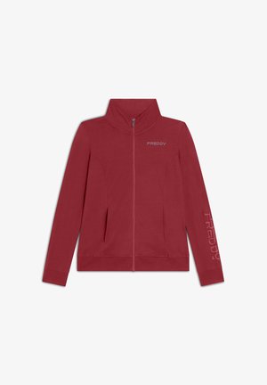 Giacca rossa con zip realizzata in materiale morbido, dotata di un colletto alto, tasche laterali e logo "FREDDY" stampato sulla manica.