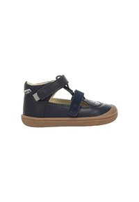 Scarpa da bambino in pelle blu navy con cinturino in Velcro e design intagliato. Presenta una punta arrotondata e una suola in gomma per una migliore aderenza.
