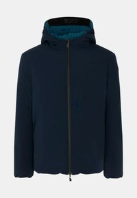 Giubbotto imbottito blu navy con cappuccio, dotato di zip completa, fodera contrastante color teal e esterno liscio e testurizzato.