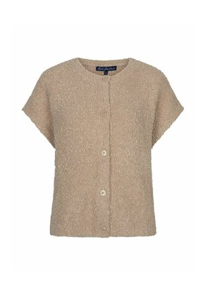 Veste beige à manches courtes avec boutons, en tissu texturé et duveteux, avec encolure ronde.
