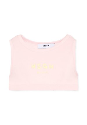 Różowy, bezrękawnik crop top z okrągłym dekoltem i napisem "MSGM MILANO" w jasnym żółtym kolorze z przodu.
