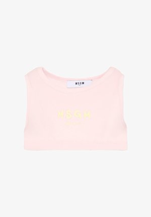 Różowy, bezrękawnik crop top z okrągłym dekoltem i napisem "MSGM MILANO" w jasnym żółtym kolorze z przodu.