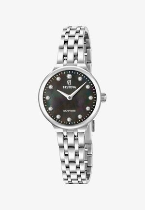 Srebrni ručni sat Festina s crnim brojčanikom, kristalnim oznakama za sate, safirnim oznakama i metalnim poveznim remenom.