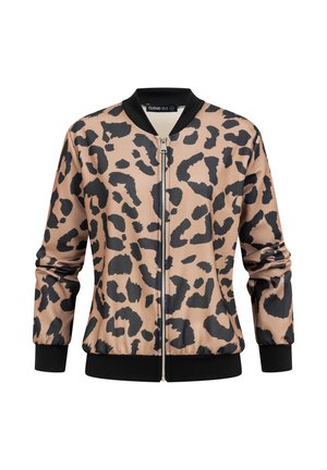 Beżowa kurtka bomberka w czarny nadruk w panterkę, z czarnym prążkowanym kołnierzem, mankietami i obszyciem dolnym oraz centralnym srebrnym zamkiem błyskawicznym.