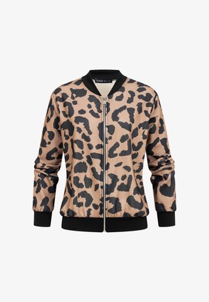 Beige Bomberjacke mit schwarzem Leopardenmuster, schwarzem geripptem Kragen, Bündchen und Saum sowie mittiger silberner Reißverschluss.