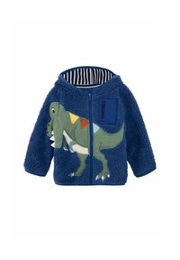 Jachetă din fleece albastră cu aplicație în form�ă de dinozaur; prezintă un fermoar frontal, căptușeală în dungi și un buzunar pe piept. Material moale, texturat.