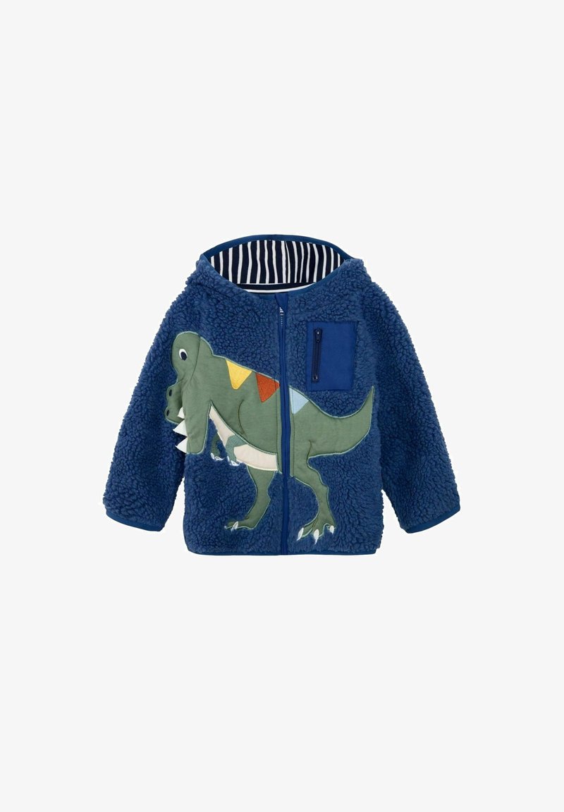 Chaqueta de forro polar azul con aplique de dinosaurio; cuenta con un cierre frontal, forro interior de rayas y un bolsillo en el pecho. Material suave y texturizado.