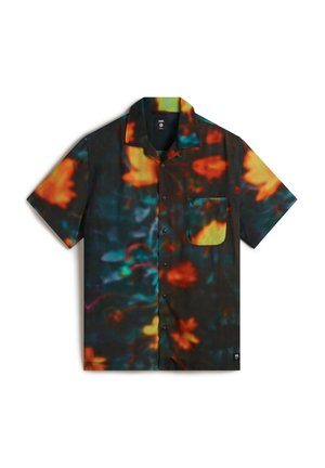 Kurzarmhemd aus einem Stoff mit dunklem Hintergrund, das ein farbenfrohes Blumenmuster in Orange-, Gelb- und Grüntönen zeigt. Mit einer Brusttasche.