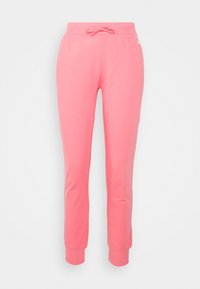 Rosa Jogginghosen aus Baumwolle mit elastischem Bund, verstellbarem Kordelzug und engen Bündchen. Glatte Textur ohne zusätzliche Muster.