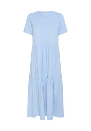 Helesinine puuvillane maksidress, lühikeste varrukatega, ümmarguse dekolteega ja kihilise, kogutud alumise osaga. Sile tekstuur ja mugav disain.