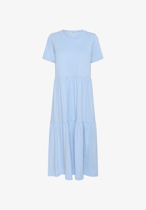 Lys blå bomullsmaksikjole med korte ermer, rund halslinning og lagdelt, samlet nederste del. Jevn tekstur og uformelt design.