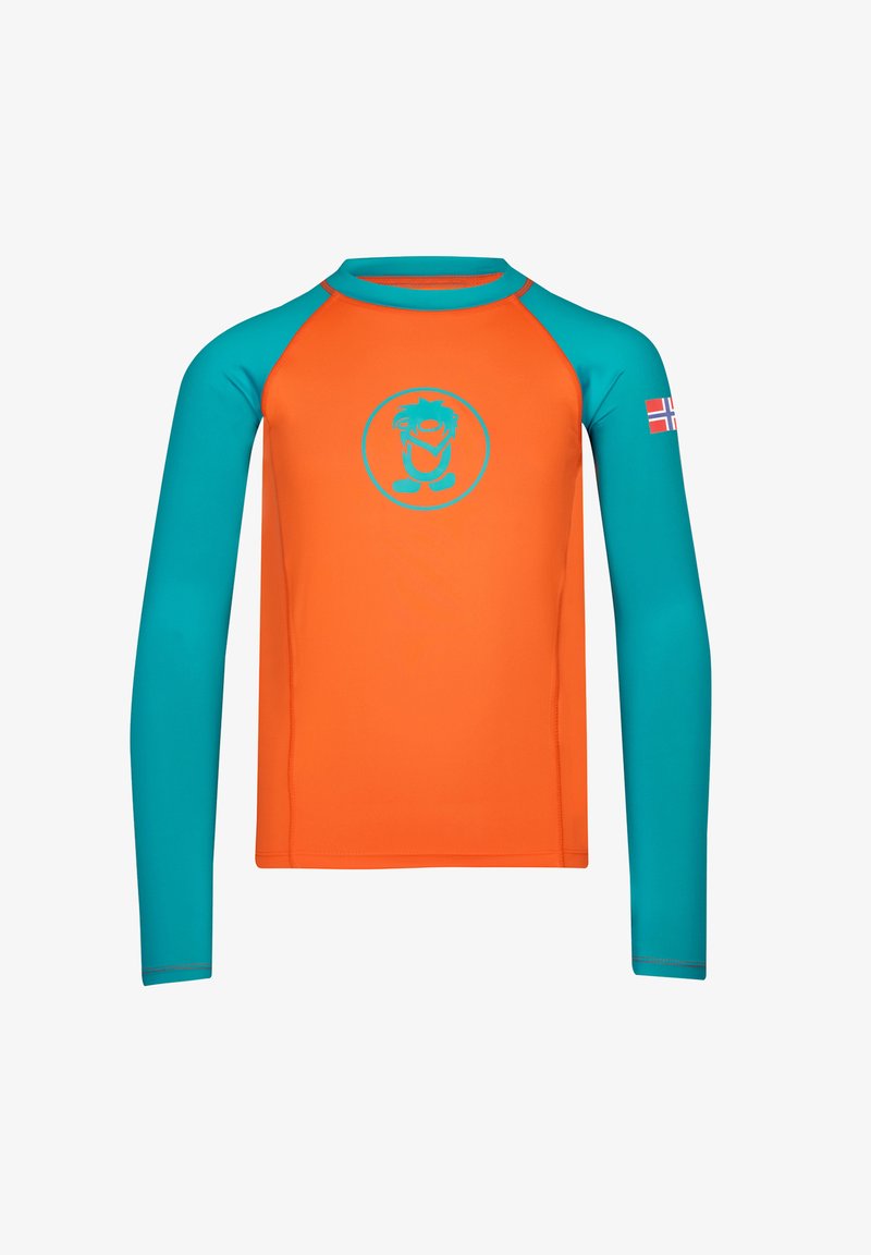 Langärmliges Badehemd mit orangenem Körper und türkisfarbenen Ärmeln, das ein hellblaues Cartoon-Logo auf der Brust und eine norwegische Flagge am Arm zeigt.
