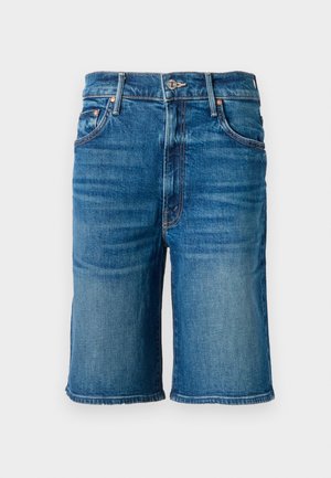 Denim shorts in medium blue with a regular fit. Features five pockets, a zipper fly, and contrasting stitching along seams and pockets.