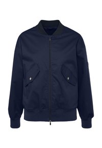 Navy bomber jacket with a front zipper, ribbed collar and cuffs, two angled flap pockets, and a smooth, matte finish.