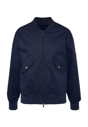 Marineblauer Bomberjacke mit einem Frontreißverschluss, geripptem Kragen und Bündchen, zwei schrägen Klappentaschen und einer glatten, matten Oberfläche.