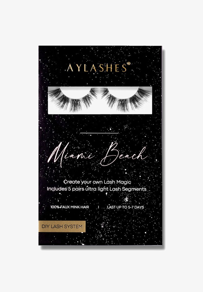 DIY Lash System by AYLASHES with five pairs of ultra-light faux mink lash segments. Black packaging with white speckled design and gold accents.