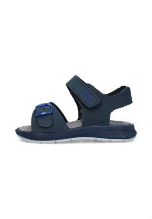 Sandalo da bambino blu navy con cinturini regolabili in velcro e fibbia, suola imbottita e cinturino laterale con marchio.