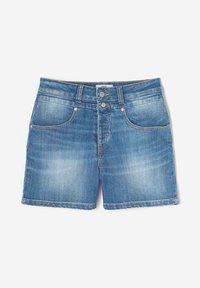 Lichtblauwe denim shorts met een gestructureerde afwerking, voorzien van een hoge taille, twee voorzakken en twee knopen bij de taille.