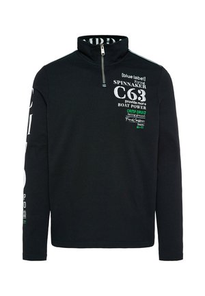 Suéter negro de manga larga con un alto cuello con cremallera. Presenta gráficos de texto en blanco y verde y sutiles acentos en los hombros. Está hecho de una tela suave.