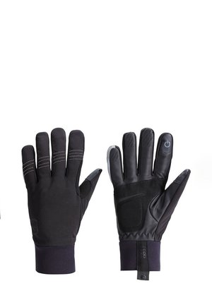 Guanti neri realizzati in materiale sintetico, con presa testurizzata, punte rinforzate e polsini elasticizzati; presenta una punta compatibile con il touchscreen.