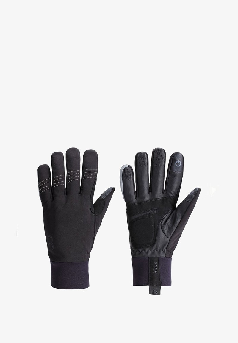 Schwarze Handschuhe aus synthetischem Material mit strukturiertem Griff, verstärkten Fingerspitzen und elastischen Bündchen; verfügen über eine touchscreen-kompatible Fingerspitze.