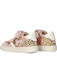 Pink suede and iridescent synthetic sneakers with white leather accents and mixed-texture beige perforated panels. Velcro strap closure.
