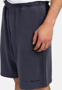Navy cotton blend shorts with an elastic waistband, featuring a small logo on the leg and a relaxed fit, showing the side profile.