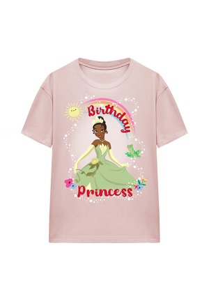 Pink cotton t-shirt featuring a princess illustration in a green dress, surrounded by "Birthday" text, flowers, and a rainbow pattern.