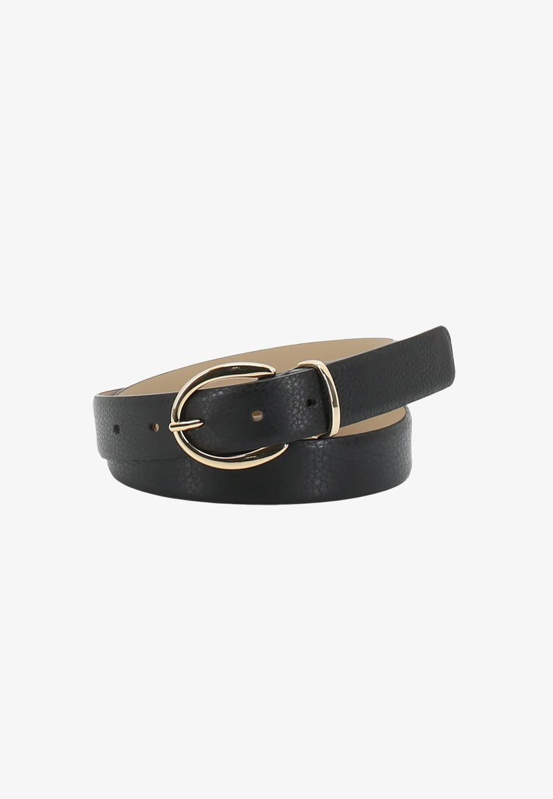 Black leather belt with a textured finish, featuring a circular gold-tone buckle and multiple notches for size adjustment.