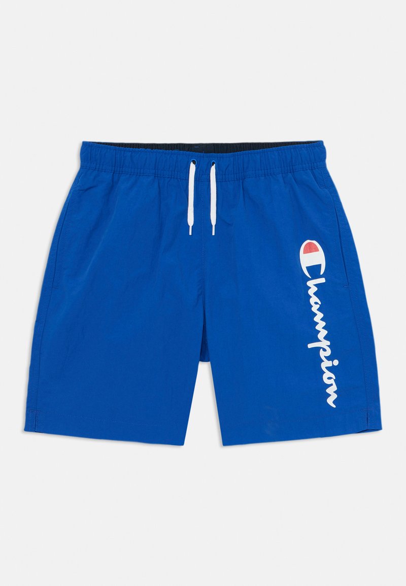 Modré plavky vyrobené z ľahkého materiálu, s bielym elastickým pásom na šnúrku a veľkým bielym logom na boku.