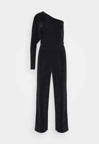 Svart, enaxlad jumpsuit gjord av glittrande tyg; lång ärm på ena sidan, avslappnad passform, vida ben, rynkad midja.