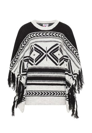 Hallide kootud ponšo hallis ja mustas värvitoonis, millel on geomeetrilised mustrid, äärtes pitsid ja ümar kaelus. Tekstuuriga, vaba lõikega disain.