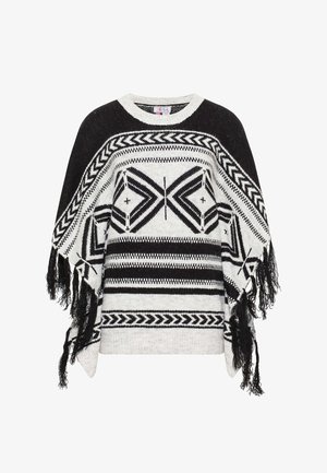 Hallide kootud ponšo hallis ja mustas värvitoonis, millel on geomeetrilised mustrid, äärtes pitsid ja ümar kaelus. Tekstuuriga, vaba lõikega disain.