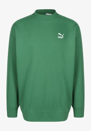 Grüner Pullover aus weichem, strukturiertem Stoff. Hat einen hohen Kragen, lange Ärmel und ein weißes Puma-Logo auf der linken Brust.