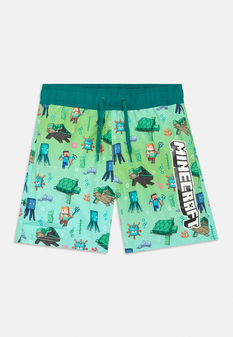 Zelené plavky s potlačou Minecraft zobrazujúcou postavy, vodné tvory a rastliny. Elastický pás so šnúrkou; logo ako detail.