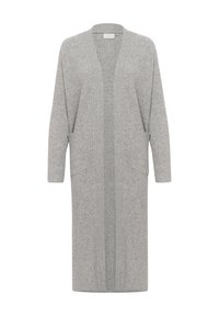 Gray ribbed cardigan with long sleeves, open front, and two patch pockets on the front. Textured knit fabric, mid-length design.