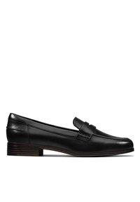 Mocassin en cuir noir avec un petit talon en bois, un bout arrondi et un détail de bride cousue sur le dessus.