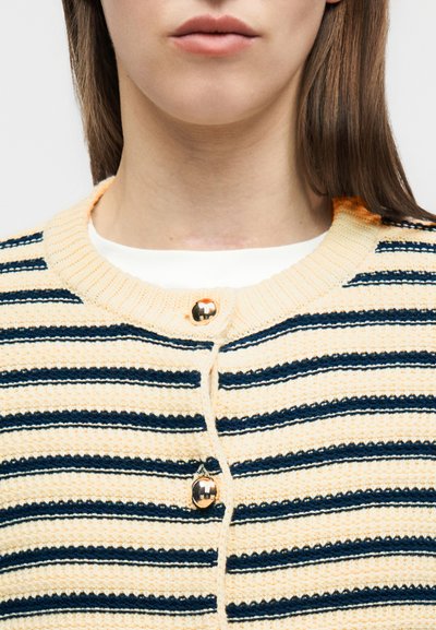 Νέος με ίσια καστανά μαλλιά που φοράει πλεκτή ζακέτα σε κρεμ και ναυτικού μπλε ρίγες με χρυσά κουμπιά πάνω από λευκό πουκάμισο.