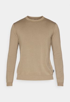 Ανοιχτό καφέ πουλόβερ με μακριά μανίκια και ριγέ υφή, στρογγυλή λαιμόκοψη και εφαρμοστά μανίκια. Λεπτή ετικέτα με το λογότυπο στο κάτω αριστερό μέρος.