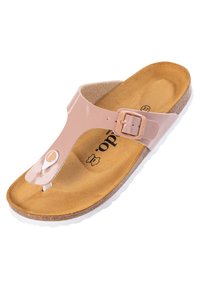 Rosa lackimitation läder tongsandal med justerbar spänne, brun korksula, vit gummisula och en cirkulär detalj vid tån.