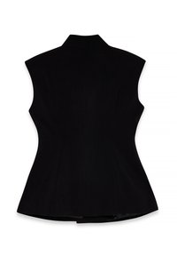 Zwarte mouwloze vest met een hoge kraag, nauwsluitende vorm en gestructureerd ontwerp. Geweven stof met strakke lijnen en zonder zichtbare sluitingen.
