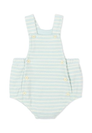 Zachte stoffen baby romper met lichtblauwe en witte horizontale strepen, knoopdetails aan de voor- en zijkanten en brede schouderbanden.