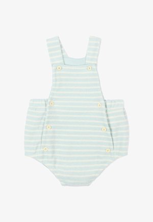 Grenouillère bébé en tissu doux avec rayures horizontales bleu clair et blanches, détails de boutons sur le devant et les côtés, et larges bretelles.