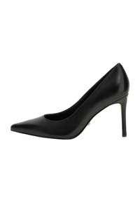 Décolleté nera in pelle con punta affusolata, design elegante, alto tacco a spillo, texture liscia e accenti minimalisti lungo i lati.