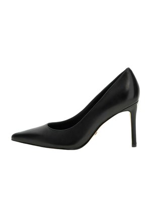 Décolleté nera in pelle con punta affusolata, design elegante, alto tacco a spillo, texture liscia e accenti minimalisti lungo i lati.