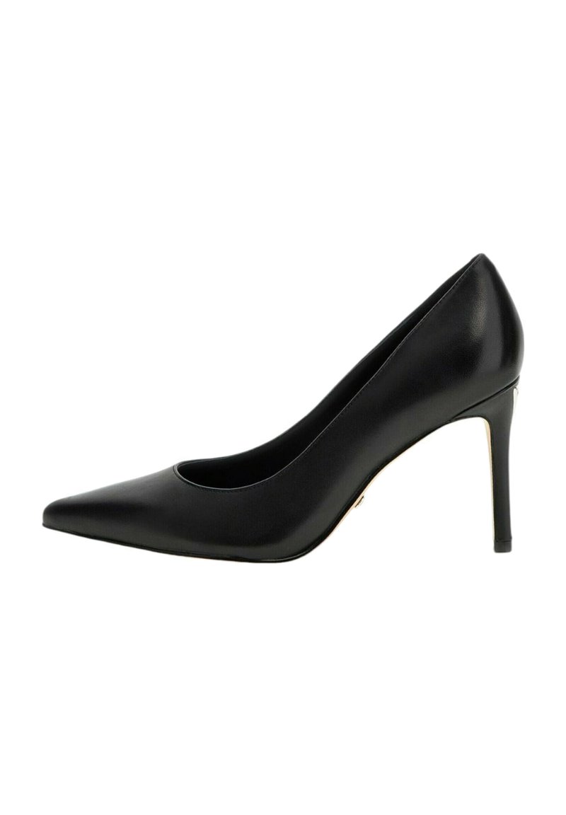 Décolleté nera in pelle con punta affusolata, design elegante, alto tacco a spillo, texture liscia e accenti minimalisti lungo i lati.