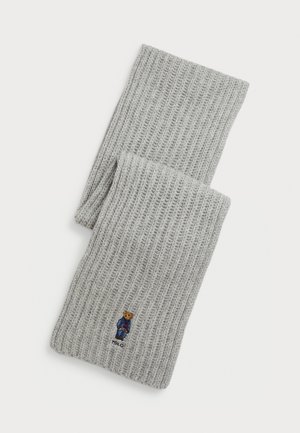 Gray knitted scarf featuring a ribbed texture and a small embroidered bear logo near the bottom. Soft material for warmth.