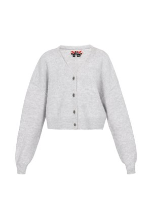 Szürke rövidített kardigán V-nyakkal, hosszú ujjal és gombos záródással. Kötött textúra, bordás aljú és enyhén oversized szabás.