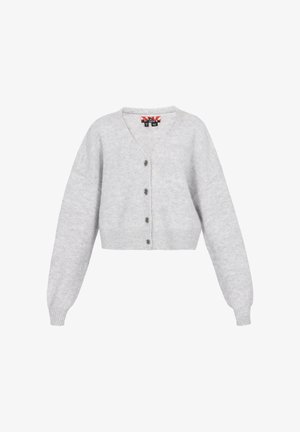 Szürke rövidített kardigán V-nyakkal, hosszú ujjal és gombos záródással. Kötött textúra, bordás aljú és enyhén oversized szabás.